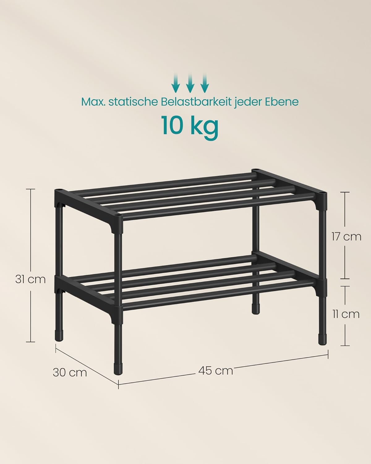 SONGMICS Shoe Rack 2 Tier Shoe Rack Narrow Shoe Organizer Metal Hallway Living Room Wardrobe Space Saving Stackable 30x45x31cm Black LSA112BH01