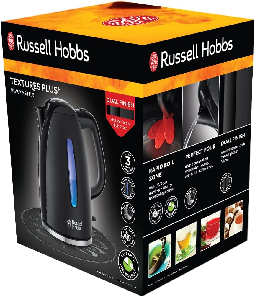 Russell Hobbs Textures+ 22591-70 Kettle 1.7 L 2400 W LED Lighting, Quick Cooking Function, Optimised Spout, Removable Limescale Filter, Tea Maker, Black, Energy Class A++