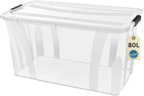 80L Storage Box with Lid - Clear Plastic Box, Stackable, Reinforced Base, Heavy Duty Locking Clips - Ideal for Kitchen & Household & HVAC Block