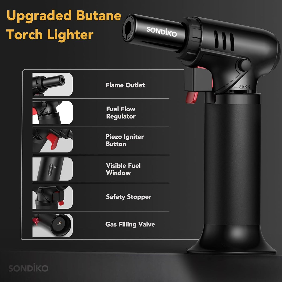 Sondiko Flame Torch with Fuel Indicator S907, Lighters, Bunsen Burner, Refillable Soldering Torch with Safety Lock for Kitchen, Camping (Butane Not Included)