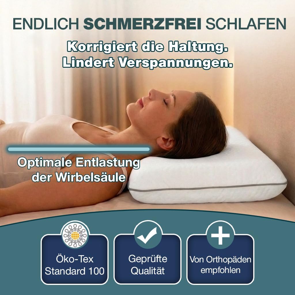 Ergonomic Memory Foam Pillow 40 x 60 cm with Neck Support - Orthopaedic Pillow Neck Pillow Back, Belly and Side Sleeper Pillow Sleeping Pillow White Oeko-Tex 12 cm Height