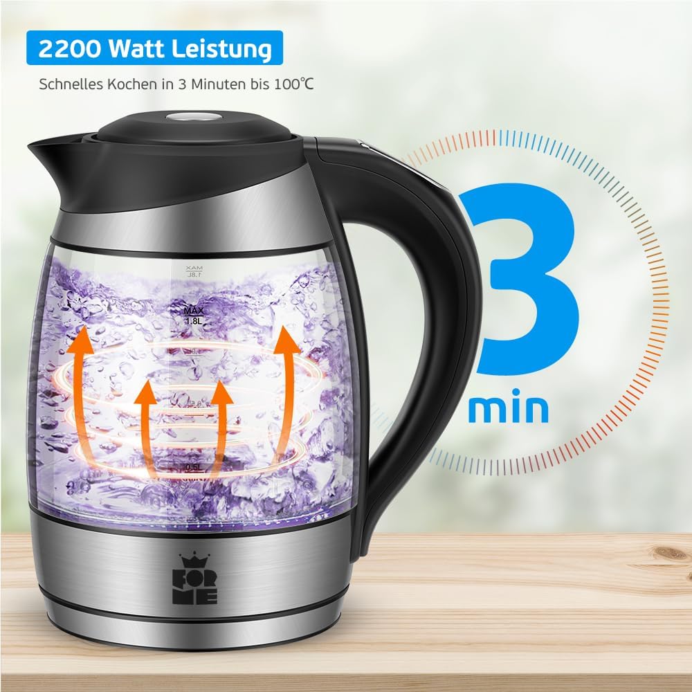 FOR ME Glass Electric Kettle 1.8 L, Temperature Control, Temperature Selection 40 °C to 100 °C, 7 Colours LED-Lighting, Warm-Keeping Function, BPA-Free