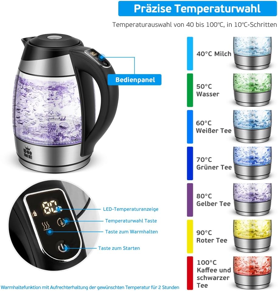 FOR ME Glass Electric Kettle 1.8 L, Temperature Control, Temperature Selection 40 °C to 100 °C, 7 Colours LED-Lighting, Warm-Keeping Function, BPA-Free