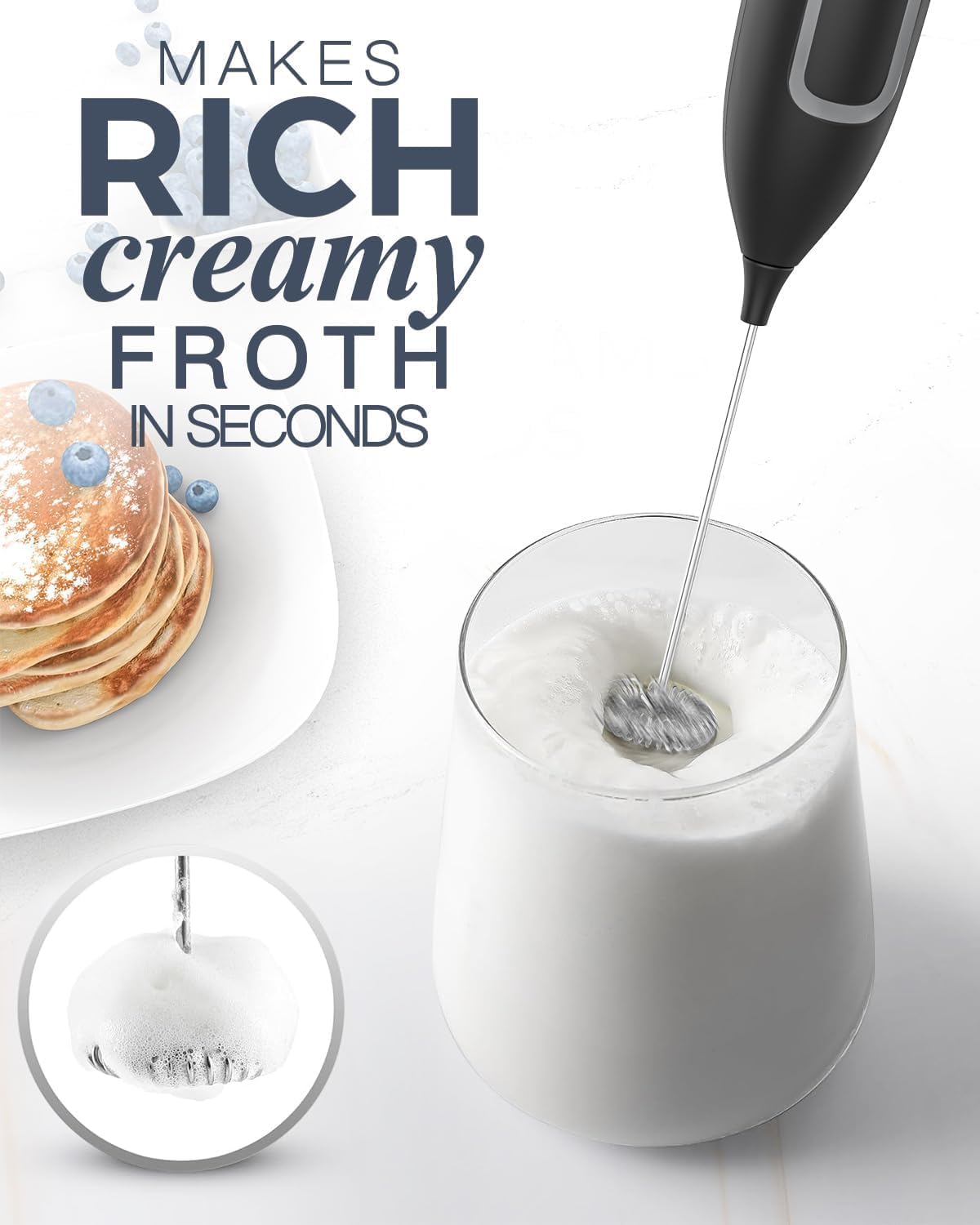 Milk Frother Stick/Milk Frother Electric Portable with High Performance Drink Mixer Coffee Whisk Battery Operated for Latte, Matcha Tea, Cappuccino, Black