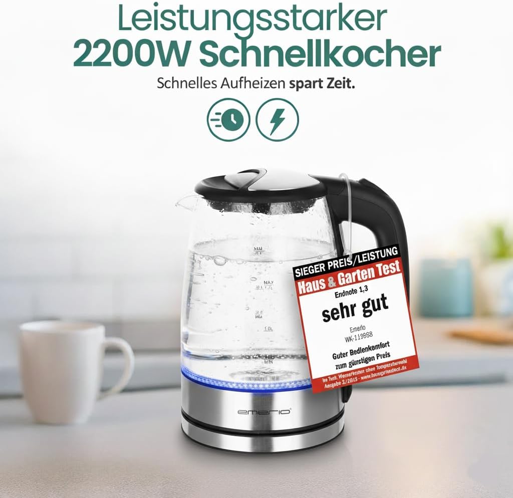 Emerio WK-119988 Glass Kettle, 1.7 Litre, 2200 Watt, LED Interior Lighting, 360 ° Base, Silver