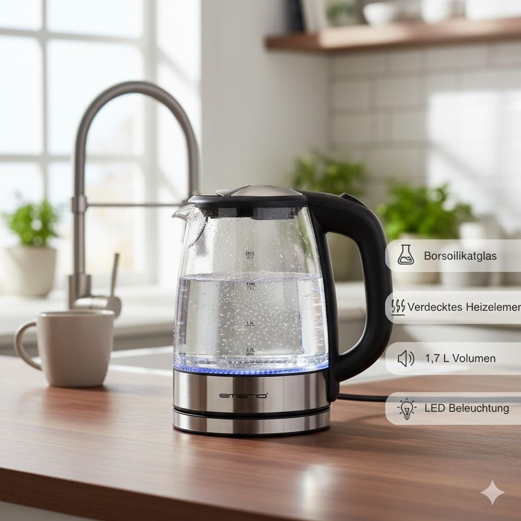Emerio WK-119988 Glass Kettle, 1.7 Litre, 2200 Watt, LED Interior Lighting, 360 ° Base, Silver
