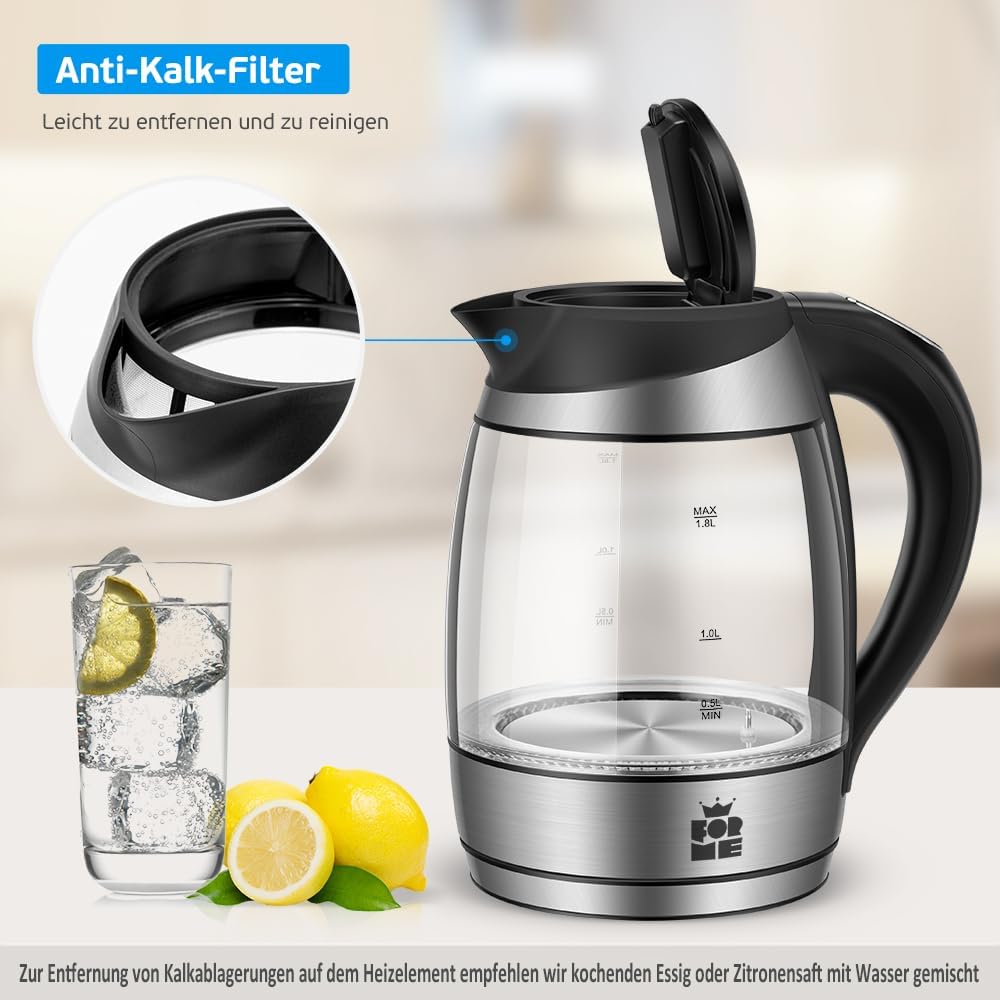 FOR ME Glass Electric Kettle 1.8 L, Temperature Control, Temperature Selection 40 °C to 100 °C, 7 Colours LED-Lighting, Warm-Keeping Function, BPA-Free