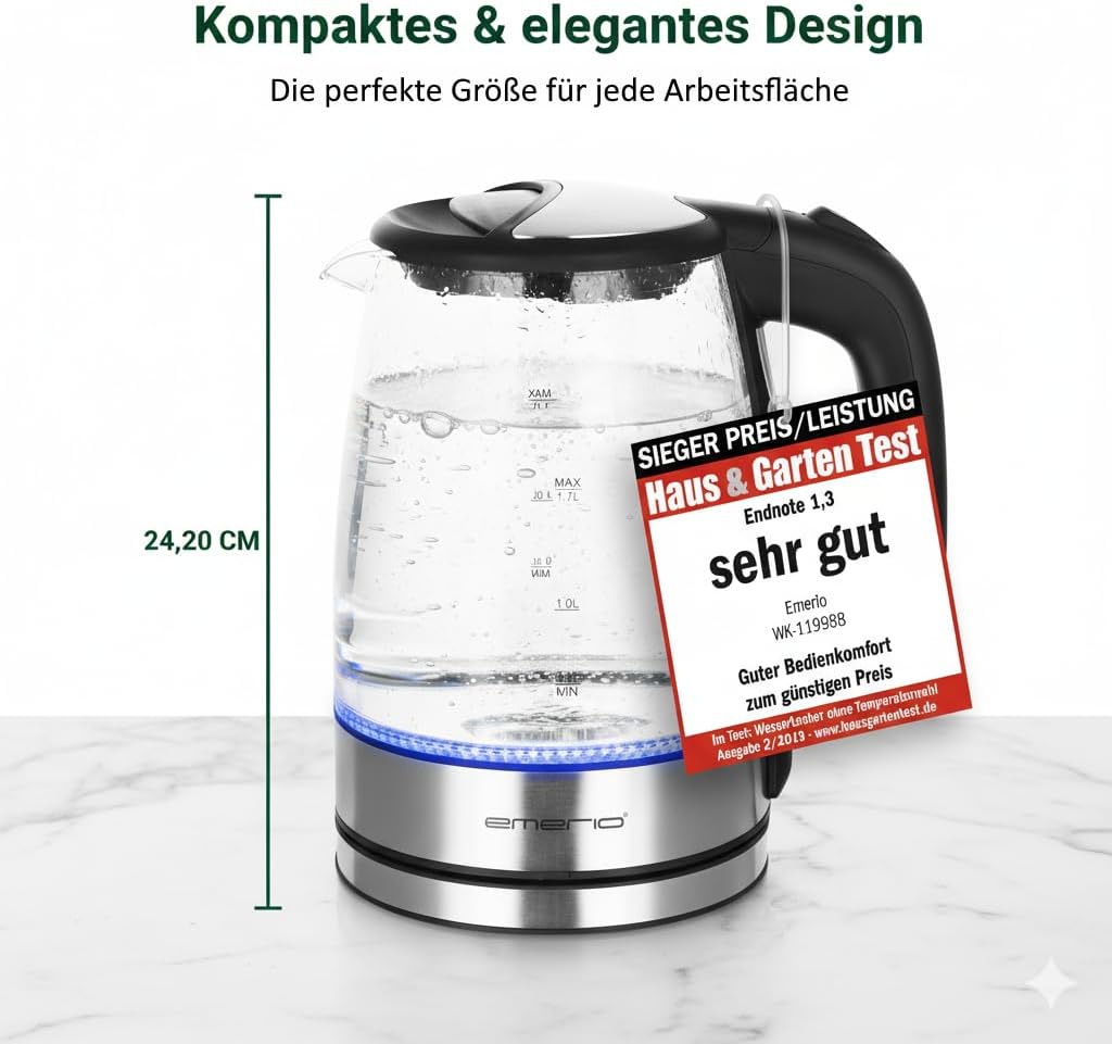 Emerio WK-119988 Glass Kettle, 1.7 Litre, 2200 Watt, LED Interior Lighting, 360 ° Base, Silver