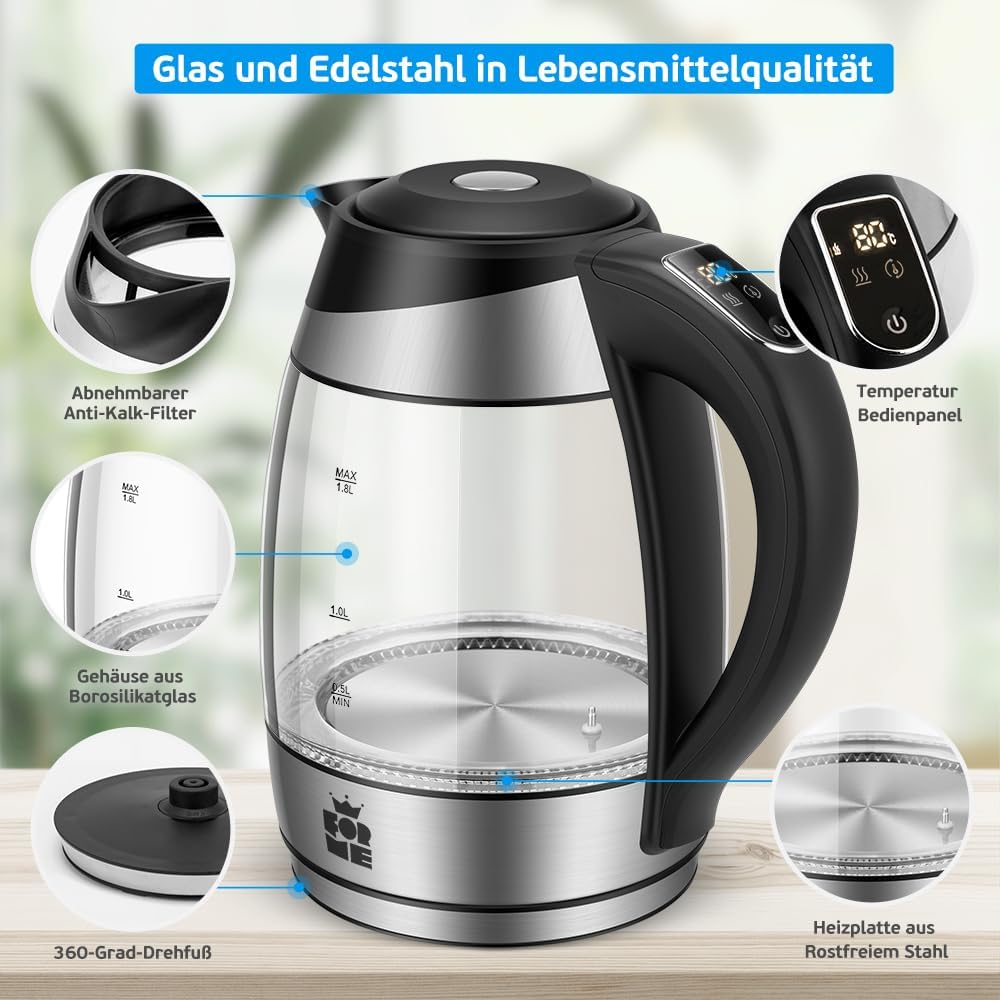 FOR ME Glass Electric Kettle 1.8 L, Temperature Control, Temperature Selection 40 °C to 100 °C, 7 Colours LED-Lighting, Warm-Keeping Function, BPA-Free