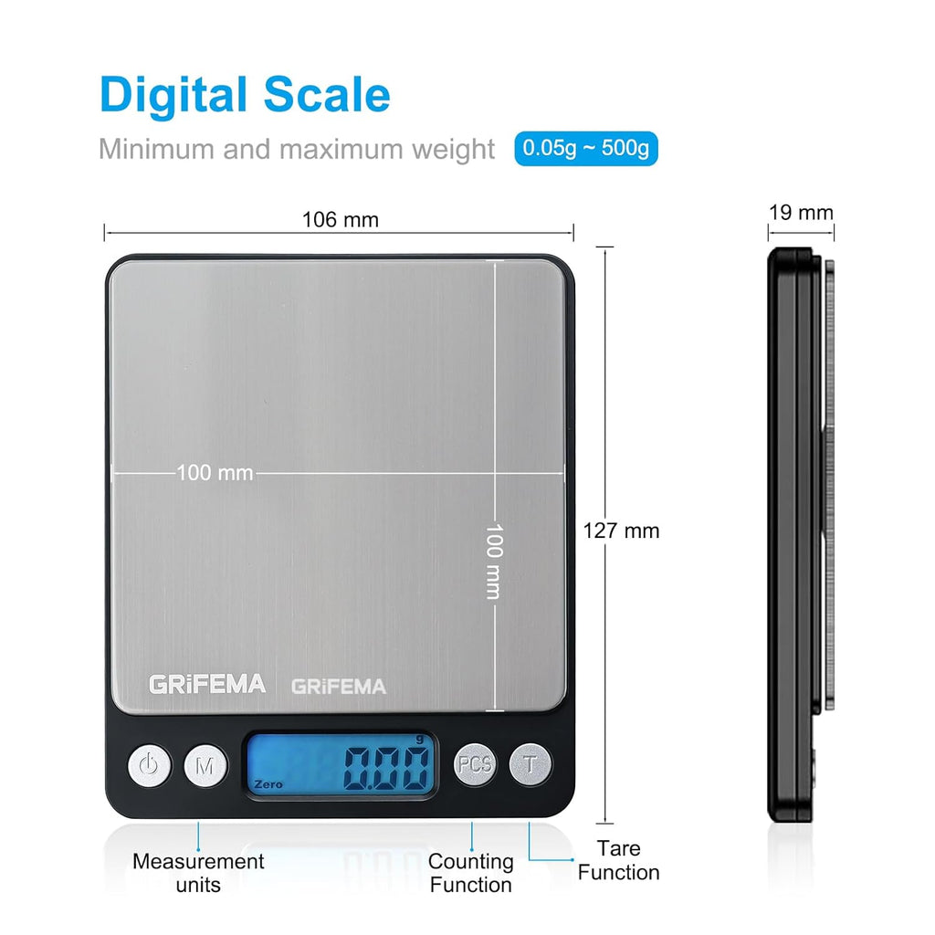 GRIFEMA Professional Digital Kitchen Scales (High Precision 0.05 g - 500 g) - Precision Scales with LCD Display and 2 Batteries, Letter Scales Automatic Storage and Tare Kitchen Scale Small with 6 Units of Measure