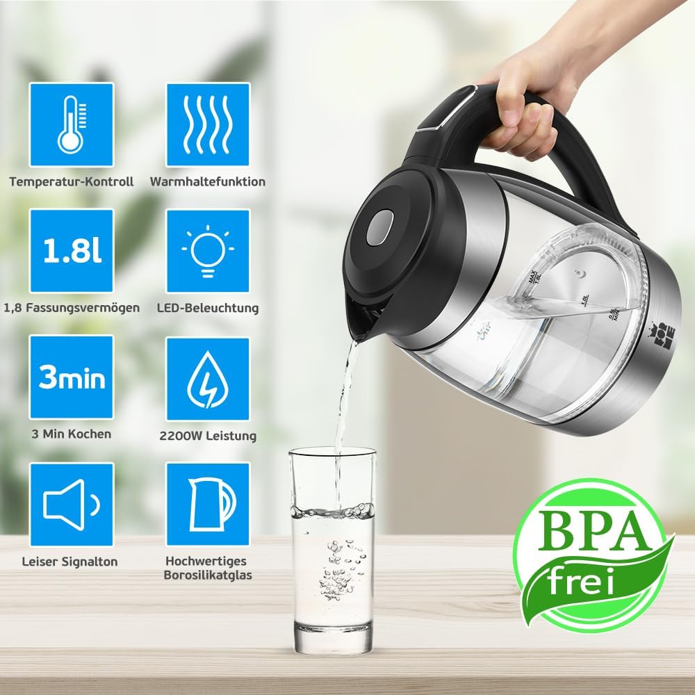 FOR ME Glass Electric Kettle 1.8 L, Temperature Control, Temperature Selection 40 °C to 100 °C, 7 Colours LED-Lighting, Warm-Keeping Function, BPA-Free
