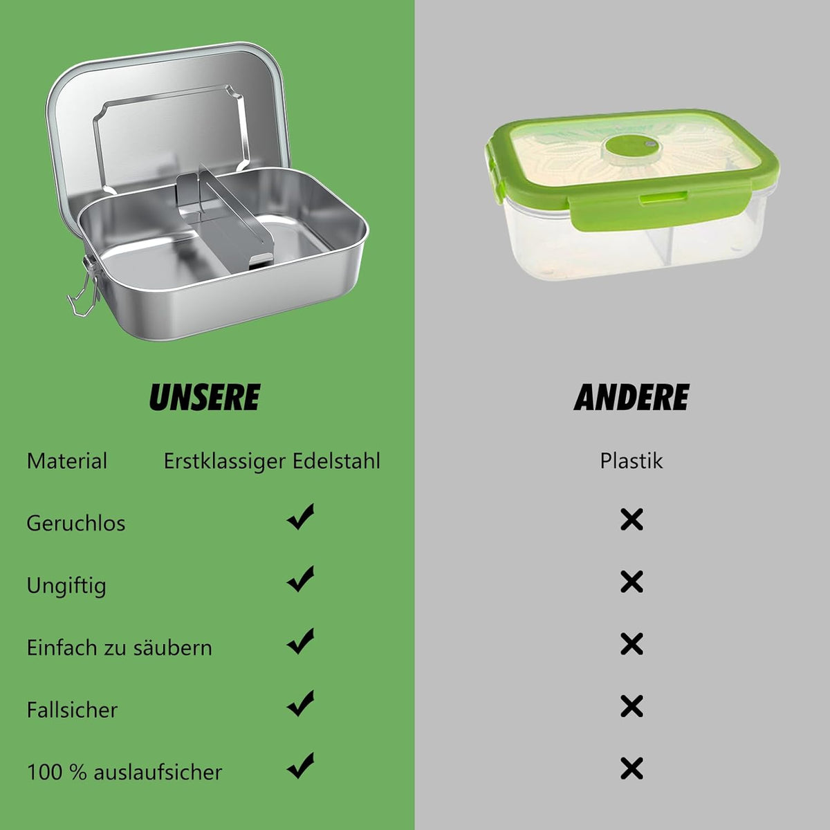 Stainless Steel Lunch Box with Compartments, Leak-Proof, 1200 ml, Lunch Box with Divider, Metal Lunch Box for Adults and Children