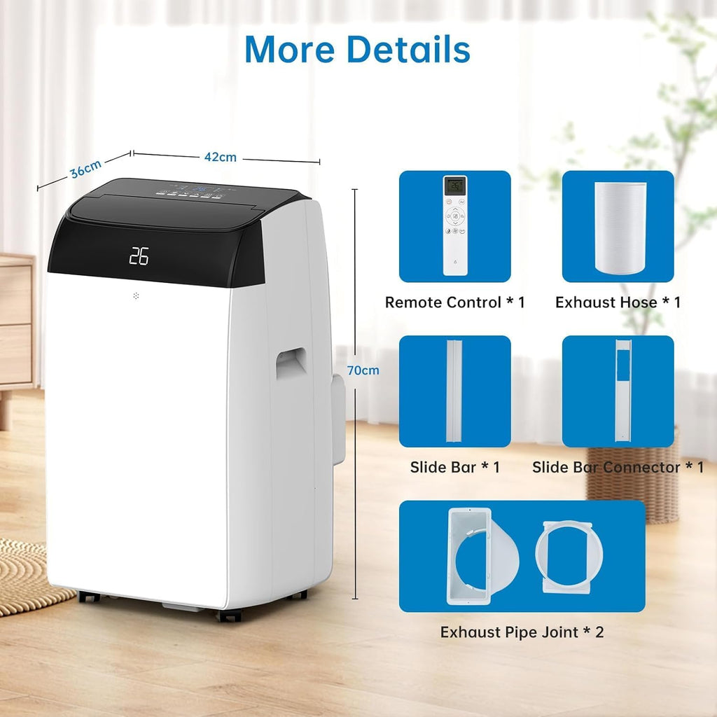 Quiet 4-in-1 Mobile Air Conditioner 12000 BTU | Cooling/Ventilating/Dehumidification/Follow-Me | For Rooms Up to 43-51㎡ Exhaust Hose + Digital Display + Remote Control + 24-Hour Timer