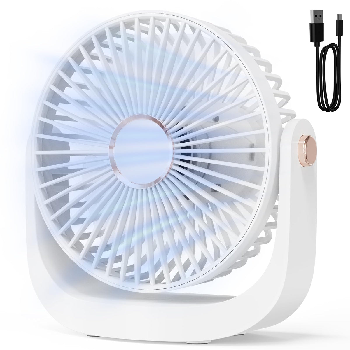 Ventilator Leise - Tischventilator mit Nachtlicht，3000mAh USB Wiederaufladbarer Kleiner Ventilator, 5 Geschwindigkeiten, 360° verstellbare Neigung für Büro Schlafzimmer Zuhause, Schwarz
