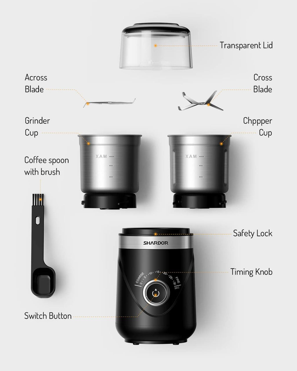 SHARDOR Electric Coffee Grinder with 2 Stainless Steel Cups, Spice Mill, Automatic Timer, Coffee Grinder for Coffee Beans, Spices, Cereals, Nuts, 2 x 80 g