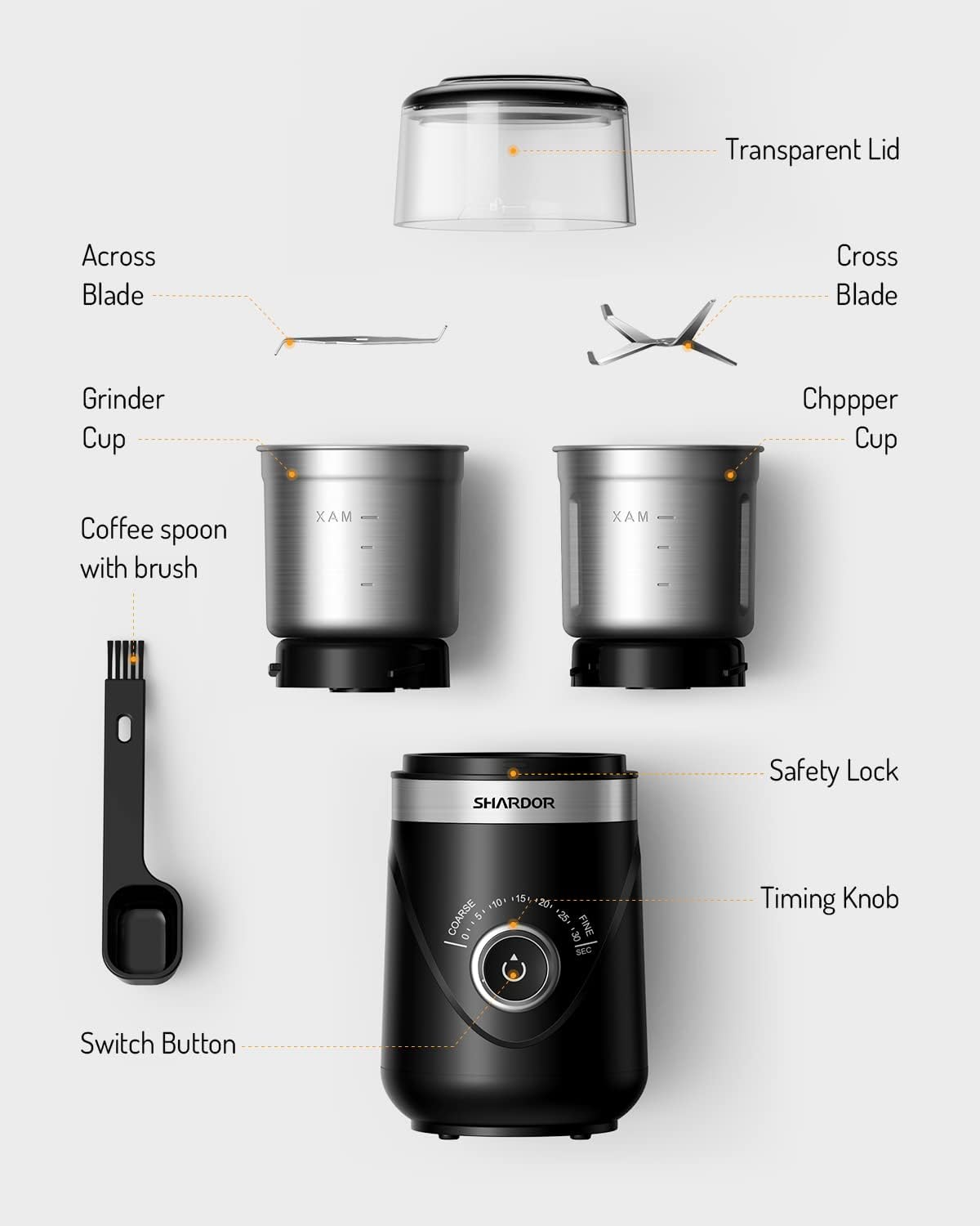 SHARDOR Electric Coffee Grinder with 2 Stainless Steel Cups, Spice Mill, Automatic Timer, Coffee Grinder for Coffee Beans, Spices, Cereals, Nuts, 2 x 80 g
