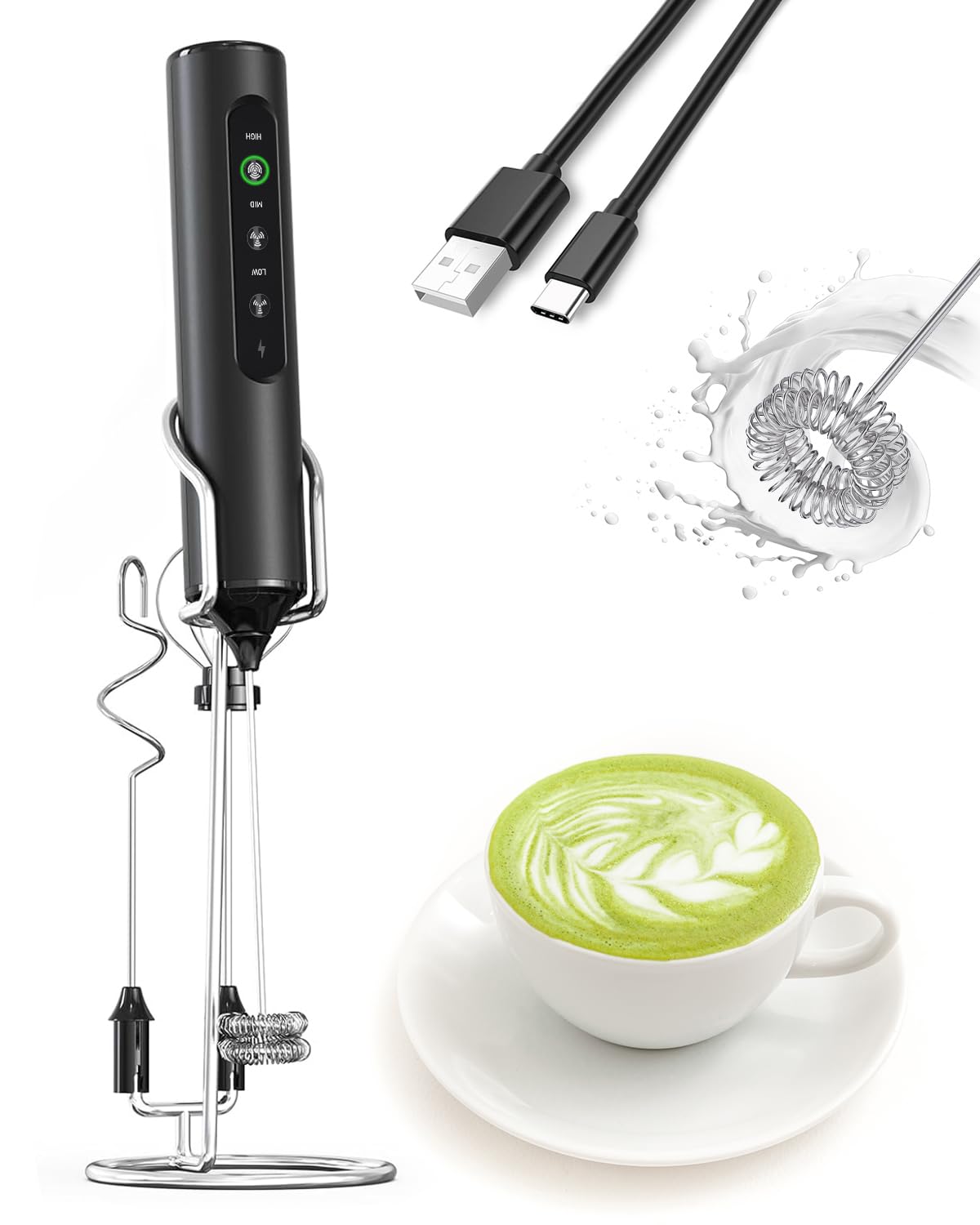 Milk Frother Stick/Milk Frother Electric Portable with High Performance Drink Mixer Coffee Whisk Battery Operated for Latte, Matcha Tea, Cappuccino, Black