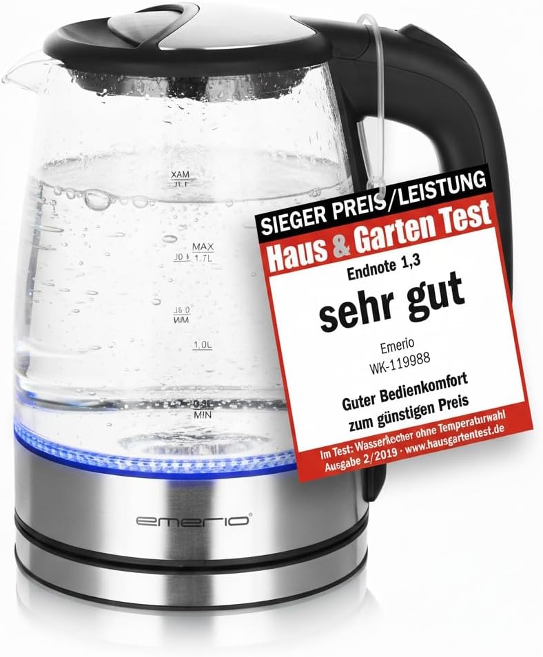 Emerio WK-119988 Glass Kettle, 1.7 Litre, 2200 Watt, LED Interior Lighting, 360 ° Base, Silver