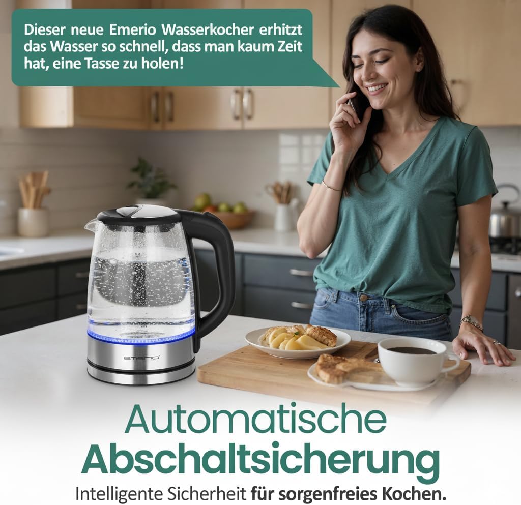 Emerio WK-119988 Glass Kettle, 1.7 Litre, 2200 Watt, LED Interior Lighting, 360 ° Base, Silver