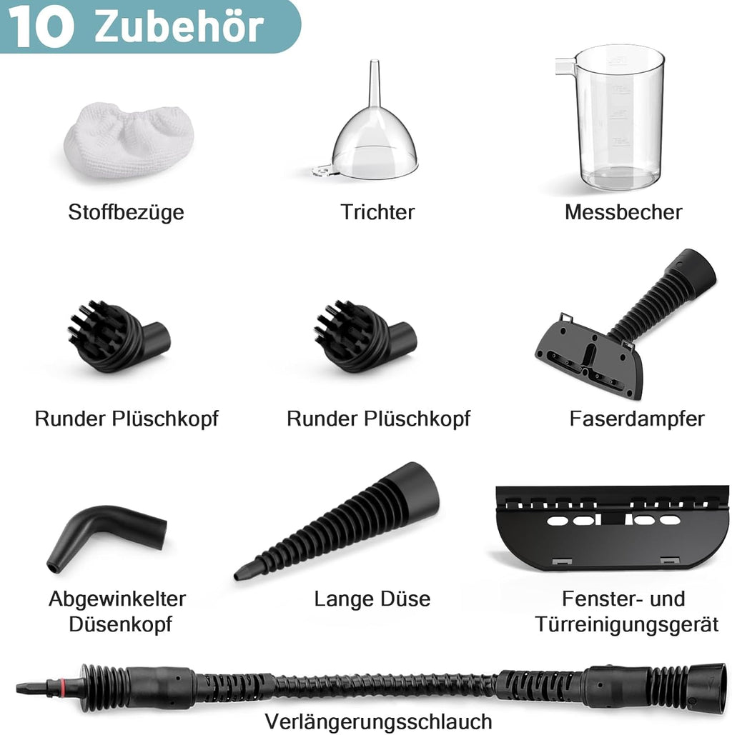 Handheld Steam Cleaner with 10 Piece Accessories, 1050W Steam Cleaner for Household, Kitchen, Bathroom, Window, Upholstery & Car - 100% Chemical Free, High Pressure Steam Against Dirt, Grease & Bacteria