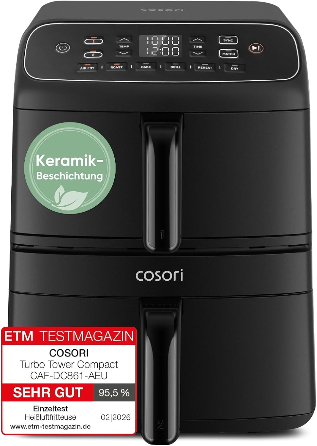 COSORI Airfryer Turbo Tower Compact Hot Air Fryer 2 Chambers Ceramic Coating 8.6 L Double Stack with Multiple Fan Levels 2700 W Black DC861