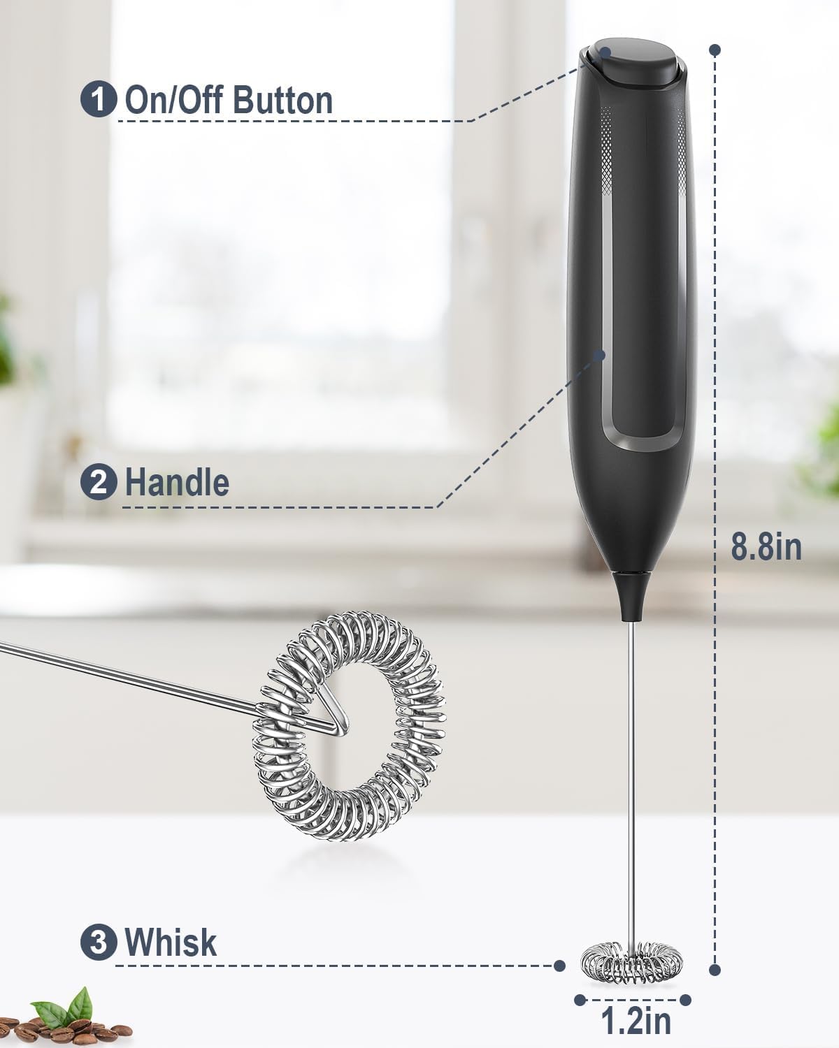Milk Frother Stick/Milk Frother Electric Portable with High Performance Drink Mixer Coffee Whisk Battery Operated for Latte, Matcha Tea, Cappuccino, Black