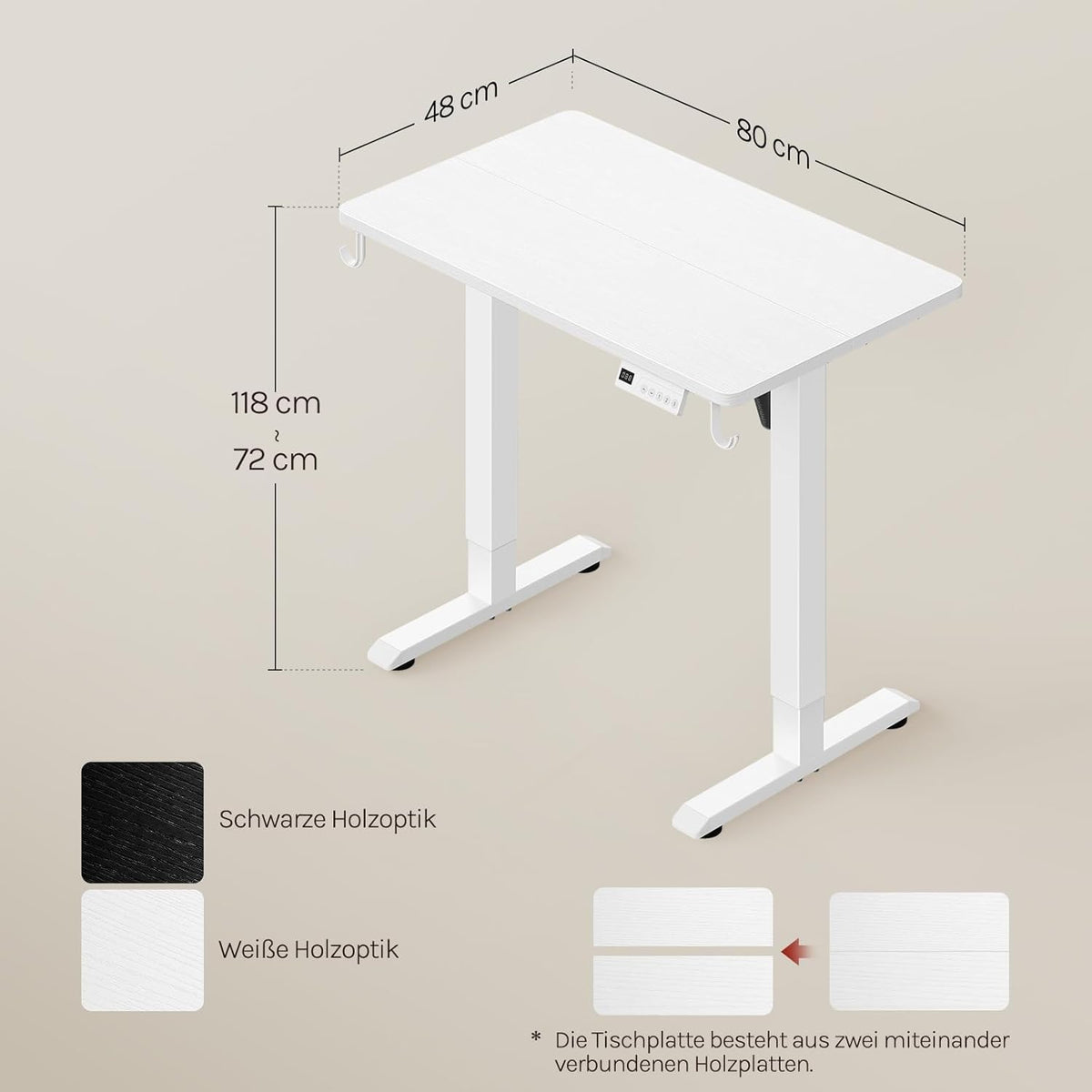 WOLTU Height-Adjustable Electric Desk with Memory Function & Collision Protection, 80 kg Load Capacity, Quiet, Computer Desk for Home Office, Study, 80 x 48 cm, White