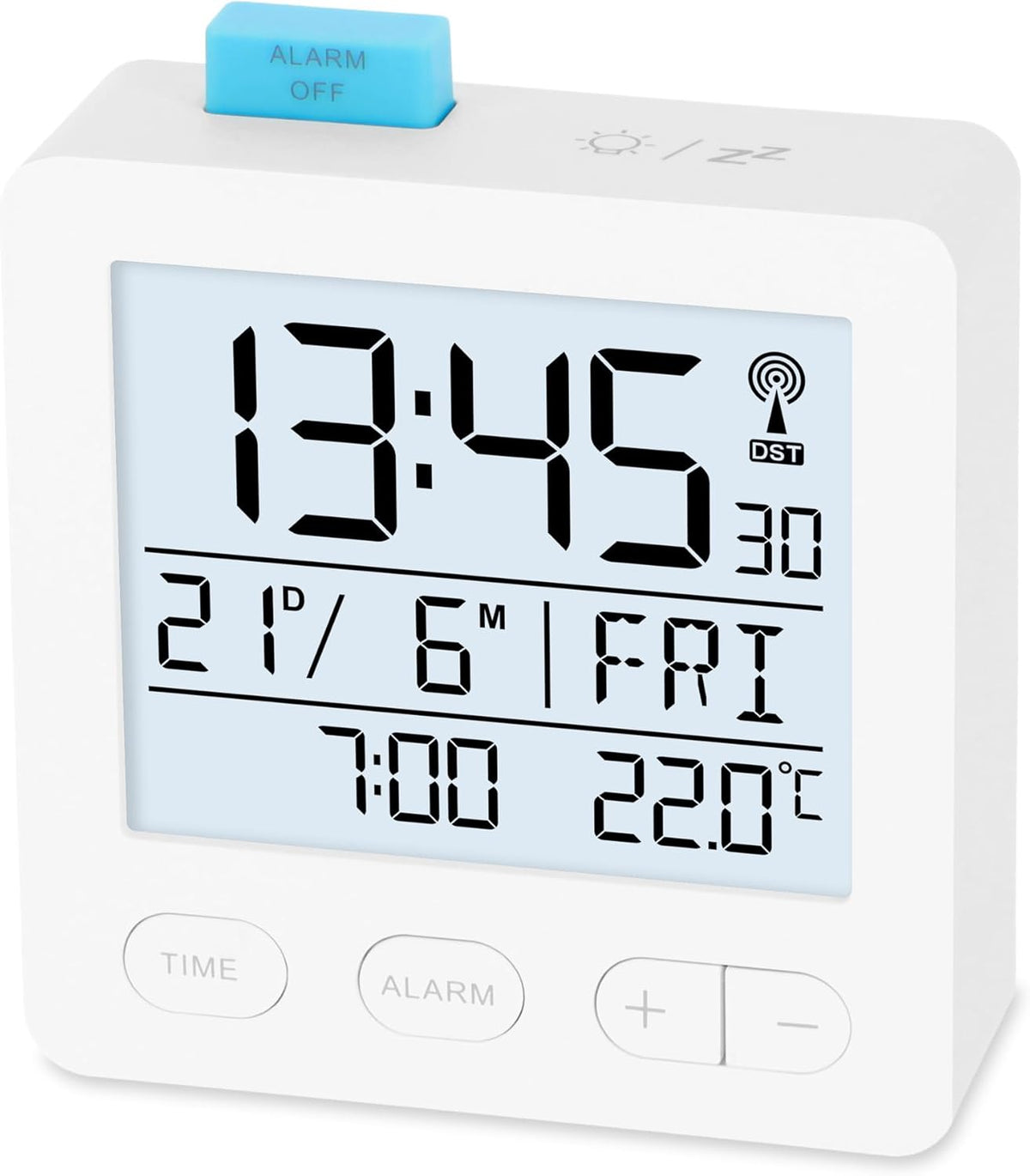 ADE Radio Alarm Clock Digital with Battery | Radio Clock with Light | Clock with Temperature Display | Travel Alarm Clock | with Thermometer and Date Display | White