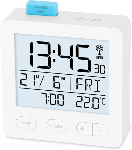 ADE Radio Alarm Clock Digital with Battery | Radio Clock with Light | Clock with Temperature Display | Travel Alarm Clock | with Thermometer and Date Display | White