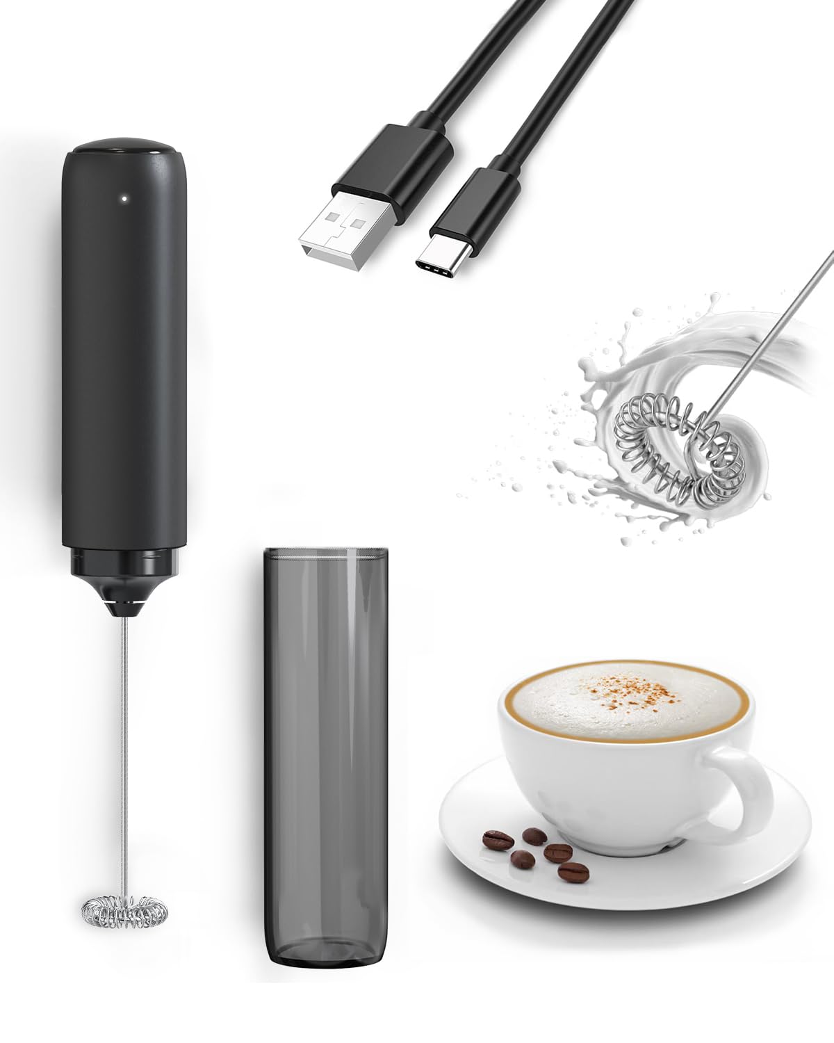 Milk Frother Stick/Milk Frother Electric Portable with High Performance Drink Mixer Coffee Whisk Battery Operated for Latte, Matcha Tea, Cappuccino, Black