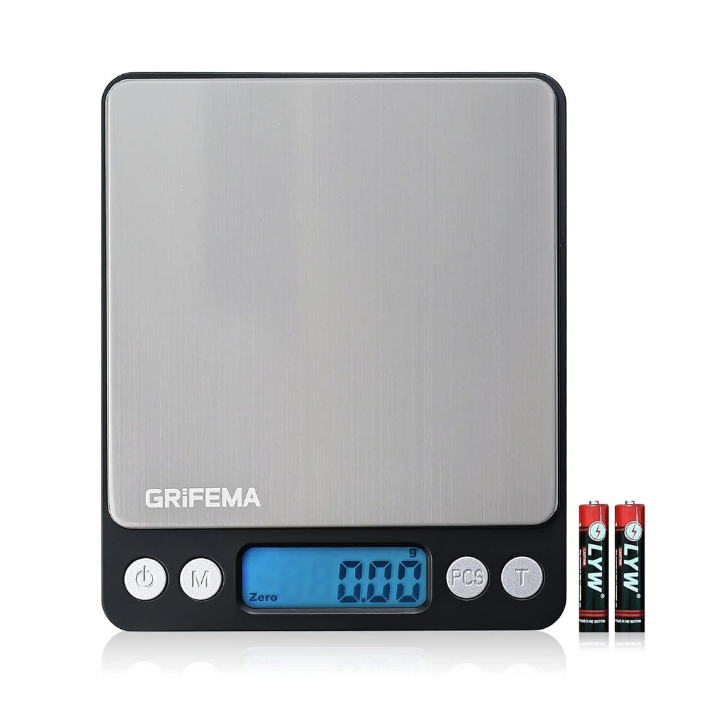 GRIFEMA Professional Digital Kitchen Scales (High Precision 0.05 g - 500 g) - Precision Scales with LCD Display and 2 Batteries, Letter Scales Automatic Storage and Tare Kitchen Scale Small with 6 Units of Measure