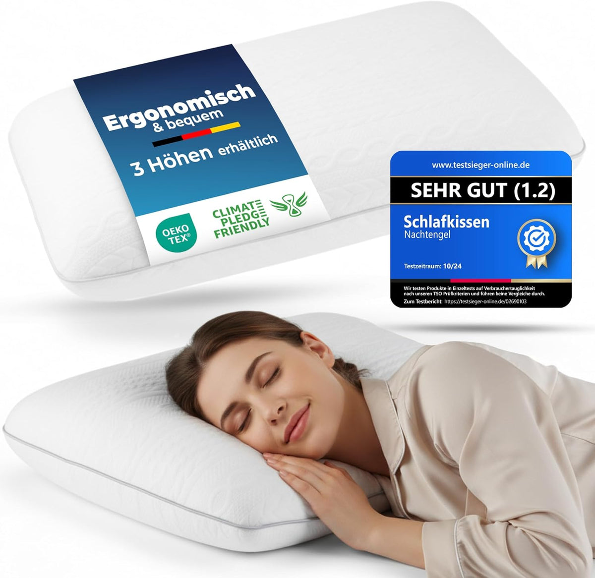 Ergonomic Memory Foam Pillow 40 x 60 cm with Neck Support - Orthopaedic Pillow Neck Pillow Back, Belly and Side Sleeper Pillow Sleeping Pillow White Oeko-Tex 12 cm Height