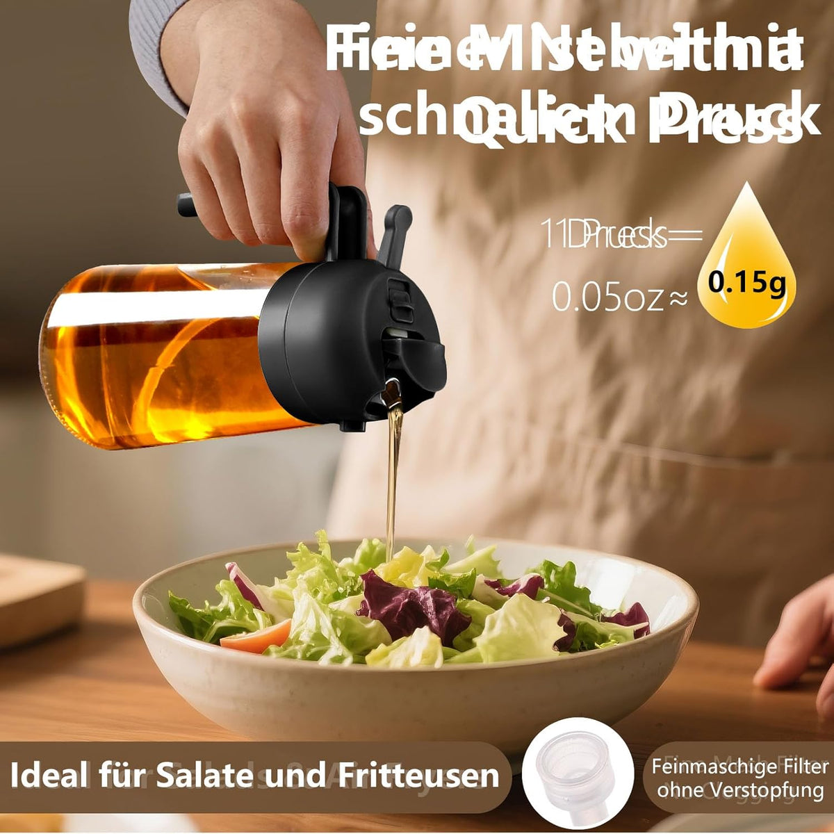 SWEET VIEW 2 in 1 Oil Sprayer for Cooking, 470 ml Glass Oil Bottles/Olive Oil Spray Bottle for Salad, Grilling and Hot Air Fryer (Black)