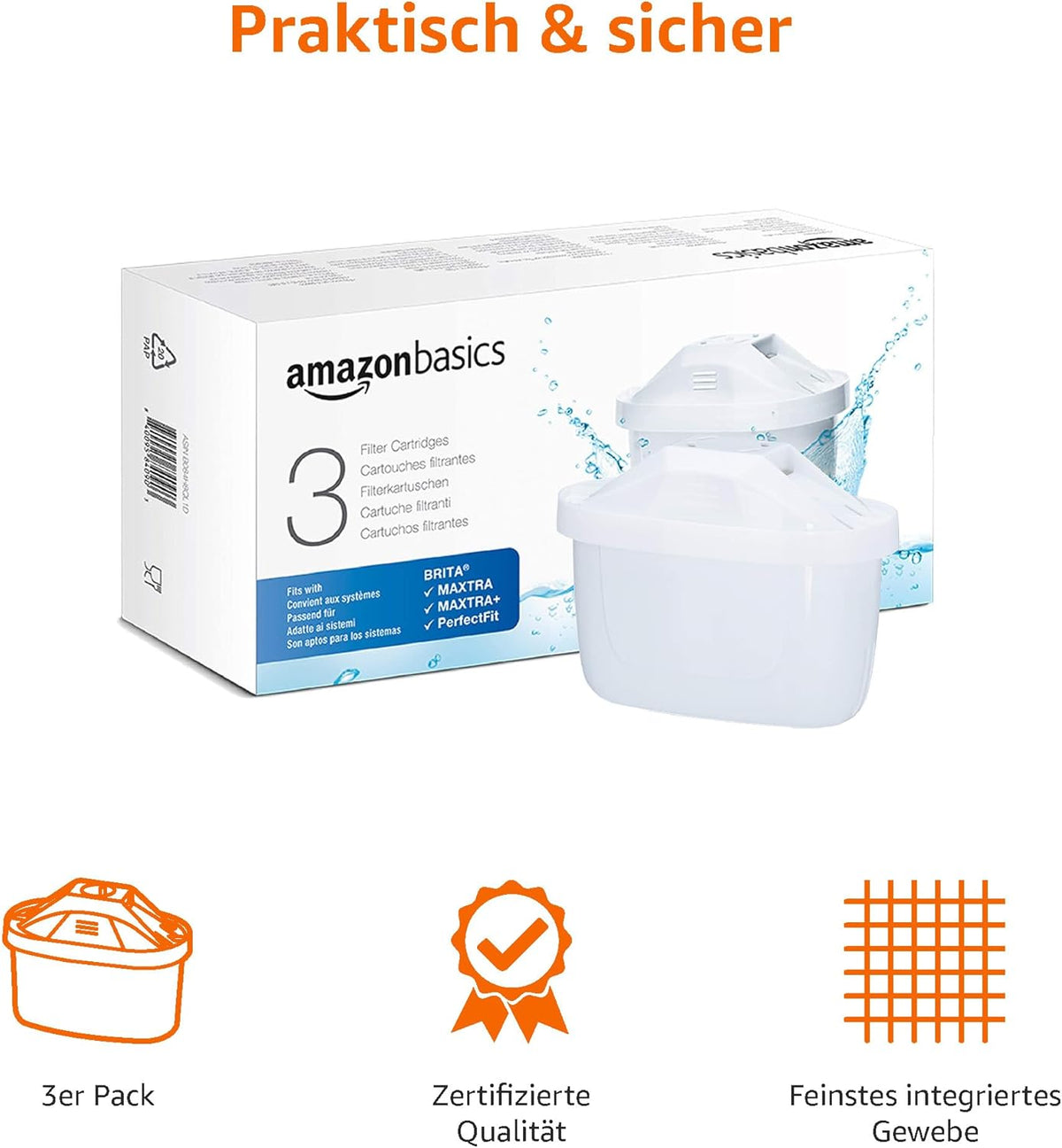 Amazon Basics BRITA Maxtra+-Compatible Water Filter Cartridge, Pack of 3, with a Table Water Filter from Amazon Basics or Brita Models Maxtra/Maxtra+/PerfectFit