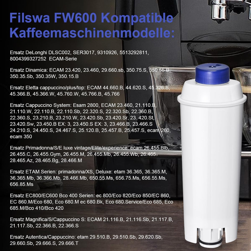 Replacement for Delonghi Water Filter (DLSC002), Compatible with Fully Automatic Coffee Machines, ECAM Series, Dinamica, Magnifica & Magnifica S/Evo, ETAM Autentica, Eletta Explorer, Prima Donna, Rivelia, Esam.