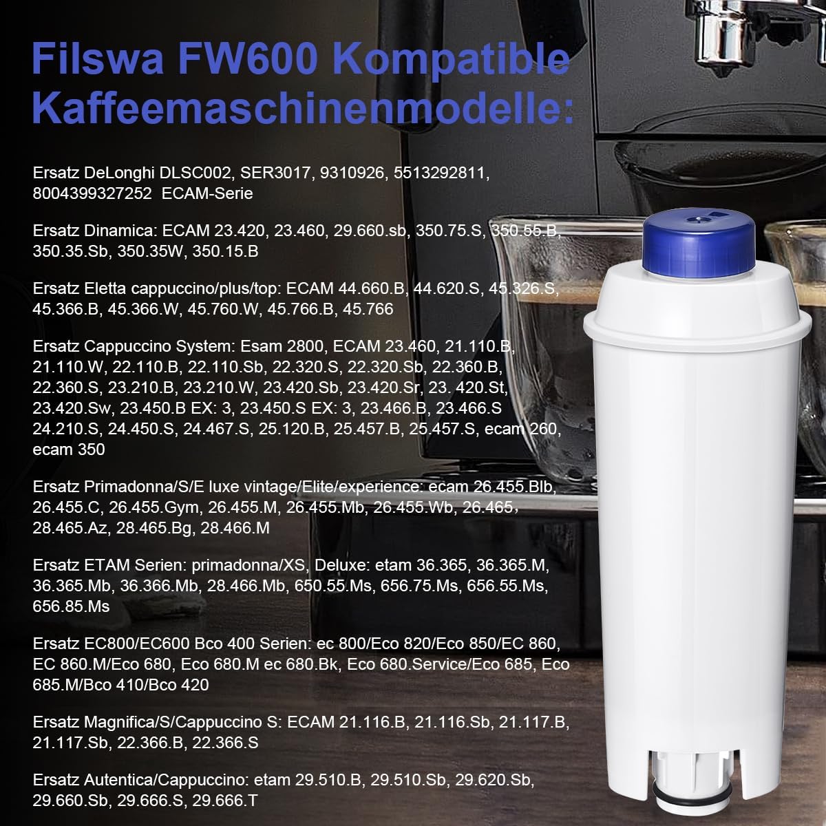 Replacement for Delonghi Water Filter (DLSC002), Compatible with Fully Automatic Coffee Machines, ECAM Series, Dinamica, Magnifica & Magnifica S/Evo, ETAM Autentica, Eletta Explorer, Prima Donna, Rivelia, Esam.