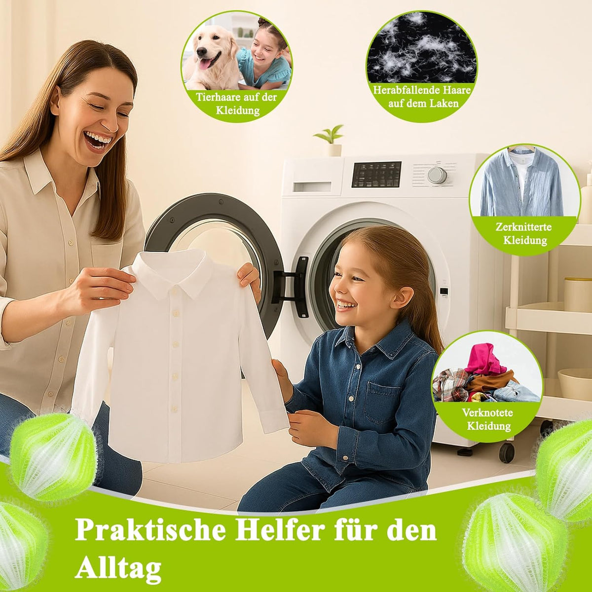 Pet Hair Remover for Washing Machine - Pack of 12 Reusable Lint Balls Against Dog Hair & Cat Hair | Hair Catcher Washing Machine for Clothes & Blankets (Green)