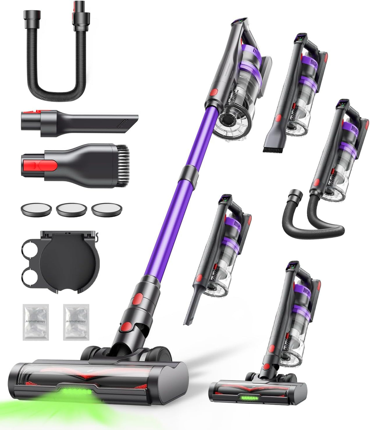 Battery Vacuum Cleaner 600 W/45 kPa/60 Min, Wireless Vacuum Cleaner with 1 m Hose, HD Display, Aromatherapy, 1.8 L Dust Container, Anti-Tangle Brush, Vacuum Cleaner Green LED Light Brush for Carpets