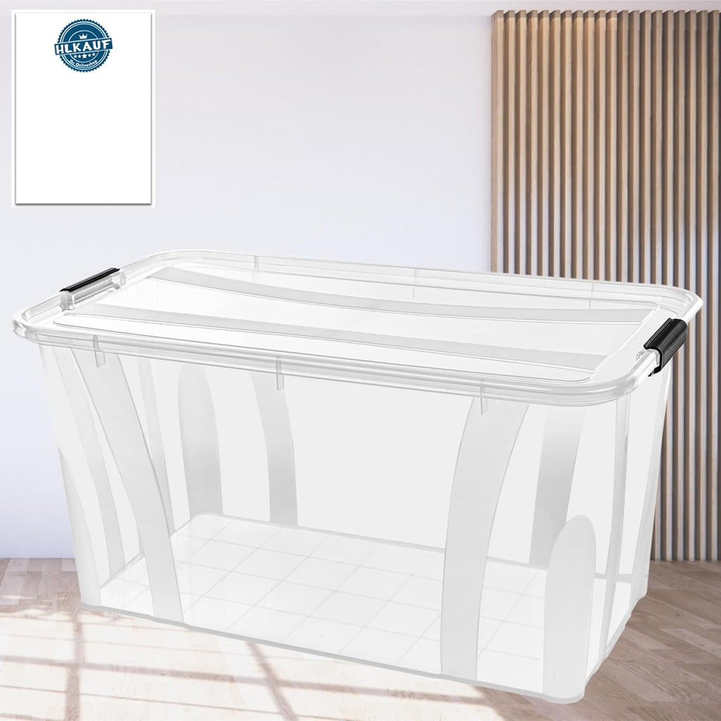 80L Storage Box with Lid - Clear Plastic Box, Stackable, Reinforced Base, Heavy Duty Locking Clips - Ideal for Kitchen & Household & HVAC Block