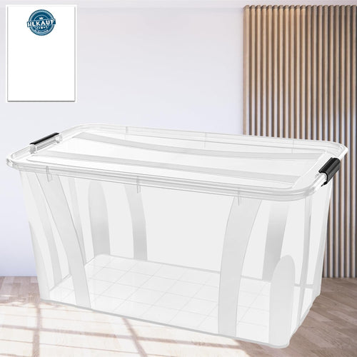80L Storage Box with Lid - Clear Plastic Box, Stackable, Reinforced Base, Heavy Duty Locking Clips - Ideal for Kitchen & Household & HVAC Block