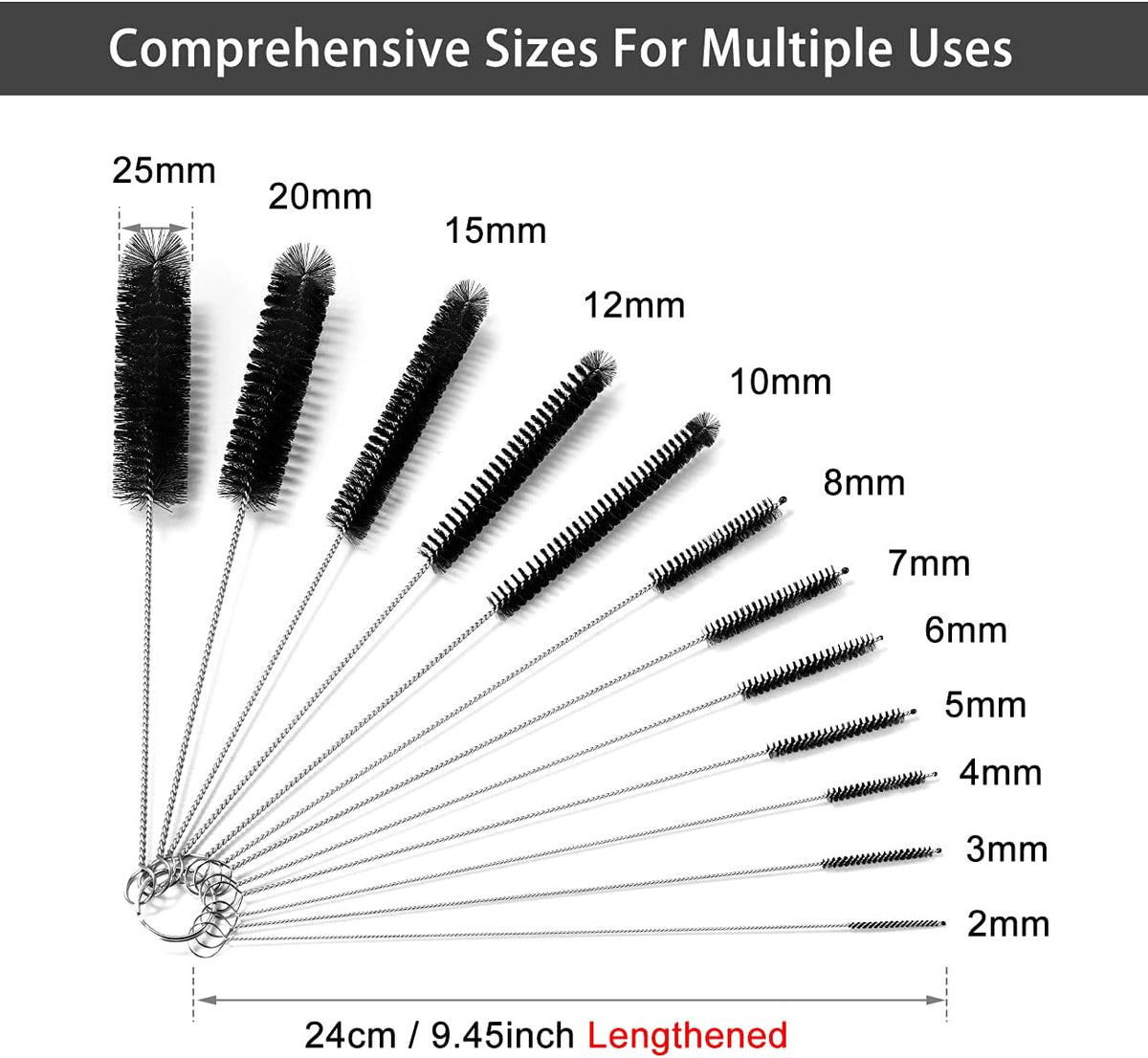 Small Cleaning Brushes for Coffee Machines, Slim Brush for Hose and Shisha Cleaning, Thin Brush for Straw, black