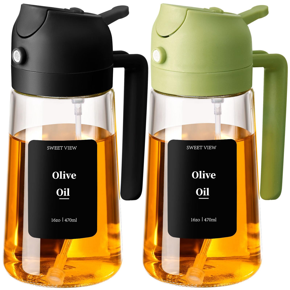 SWEET VIEW 2 in 1 Oil Sprayer for Cooking, 470 ml Glass Oil Bottles/Olive Oil Spray Bottle for Salad, Grilling and Hot Air Fryer (Black)