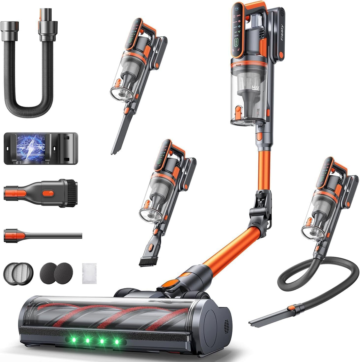 Fieety Battery Vacuum Cleaner, 600 W/50 kPa/65 Min Wireless Vacuum Cleaner with Wall-Mounted Charging Station, Aromatherapy, Automatic Mode, Flexible Bending Joint, 1 m Hose for Hard Floors, Carpets
