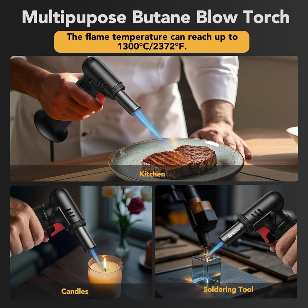 Sondiko Flame Torch with Fuel Indicator S907, Lighters, Bunsen Burner, Refillable Soldering Torch with Safety Lock for Kitchen, Camping (Butane Not Included)