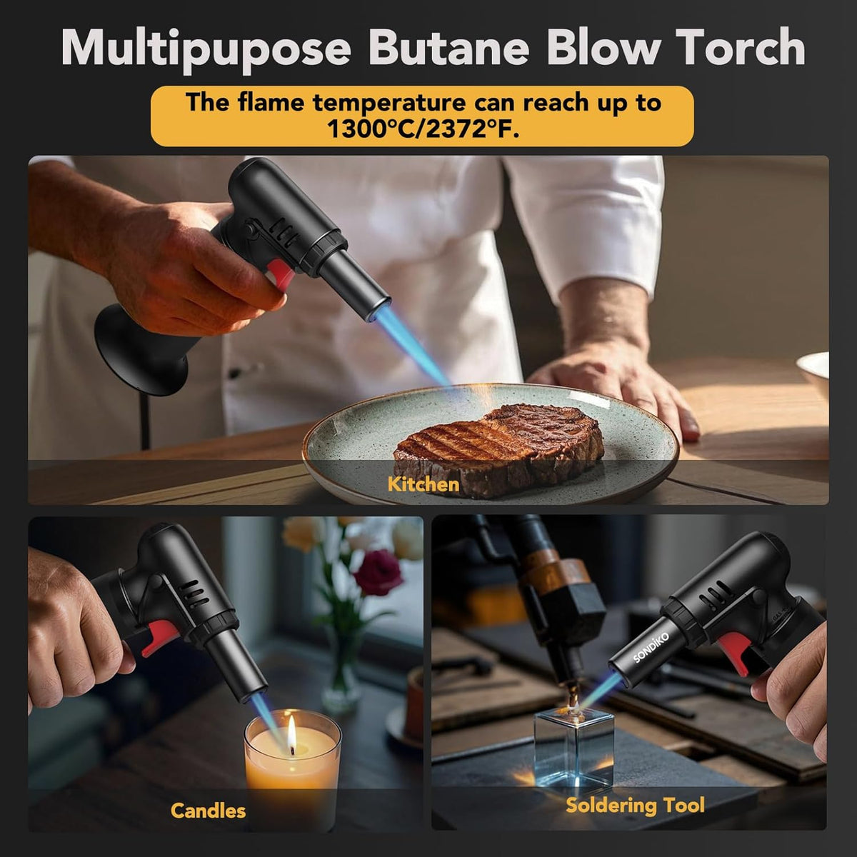Sondiko Flame Torch with Fuel Indicator S907, Lighters, Bunsen Burner, Refillable Soldering Torch with Safety Lock for Kitchen, Camping (Butane Not Included)