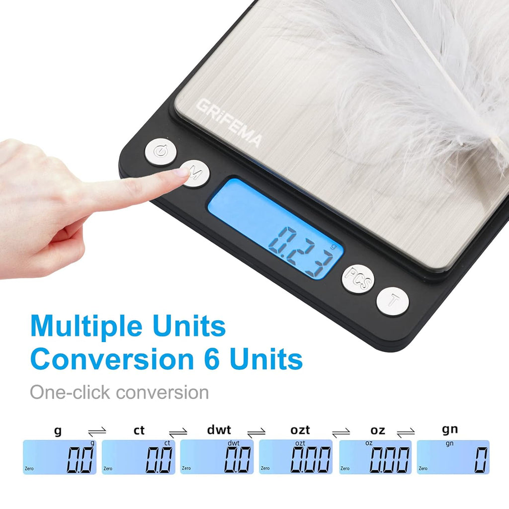 GRIFEMA Professional Digital Kitchen Scales (High Precision 0.05 g - 500 g) - Precision Scales with LCD Display and 2 Batteries, Letter Scales Automatic Storage and Tare Kitchen Scale Small with 6 Units of Measure