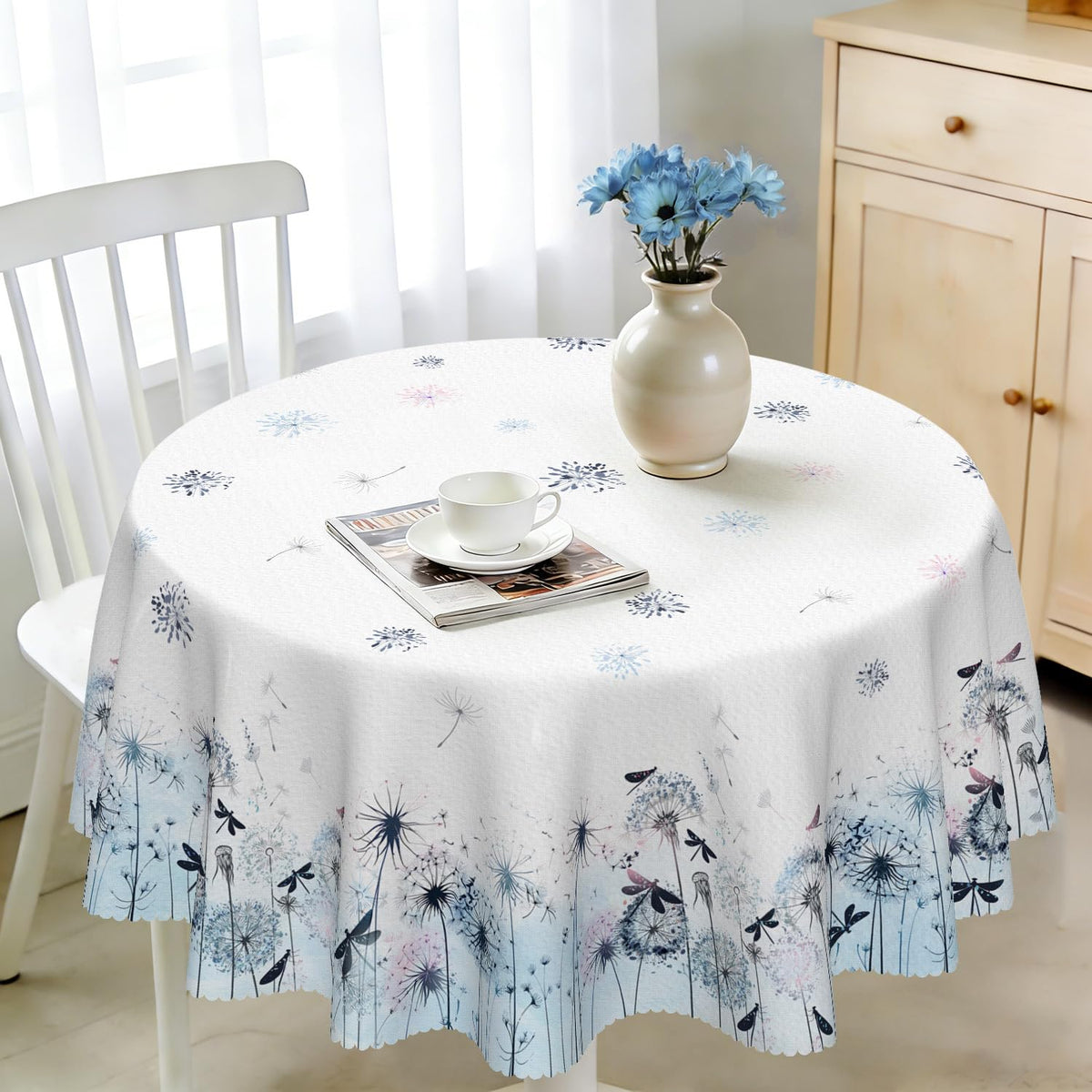 Round Tablecloth 120 cm Weatherproof Washable Polyester Dandelion Floral Pattern Outdoor Tablecloth for Garden Kitchen Dining Room Balcony for 2-4 People Waterproof and Durable