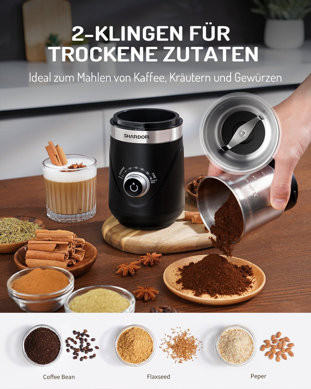 SHARDOR Electric Coffee Grinder with 2 Stainless Steel Cups, Spice Mill, Automatic Timer, Coffee Grinder for Coffee Beans, Spices, Cereals, Nuts, 2 x 80 g