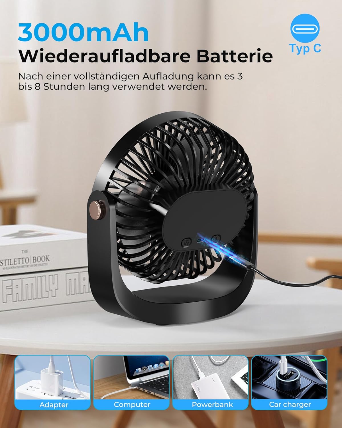 Ventilator Leise - Tischventilator mit Nachtlicht，3000mAh USB Wiederaufladbarer Kleiner Ventilator, 5 Geschwindigkeiten, 360° verstellbare Neigung für Büro Schlafzimmer Zuhause, Schwarz