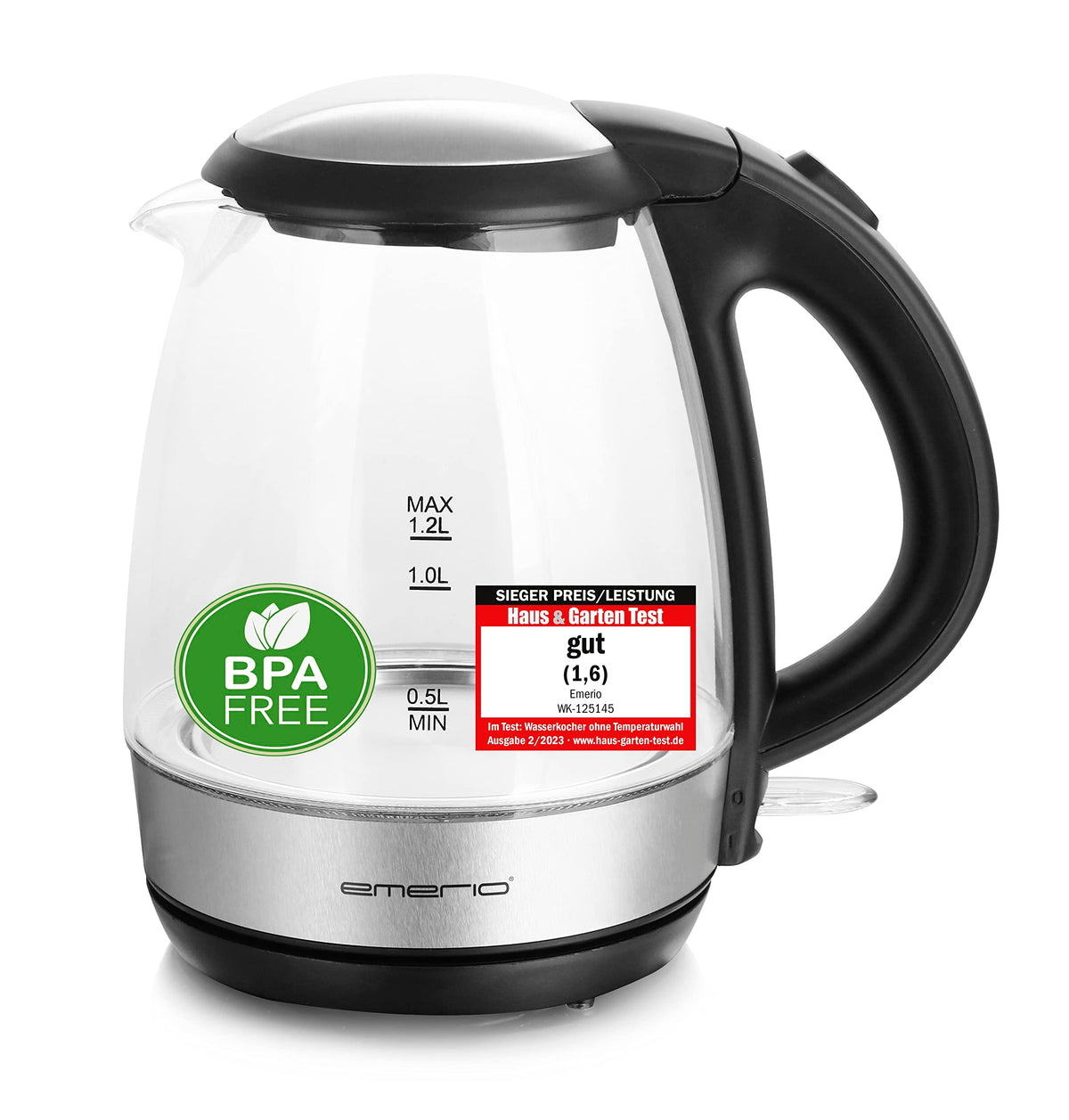 Emerio WK-119988 Glass Kettle, 1.7 Litre, 2200 Watt, LED Interior Lighting, 360 ° Base, Silver